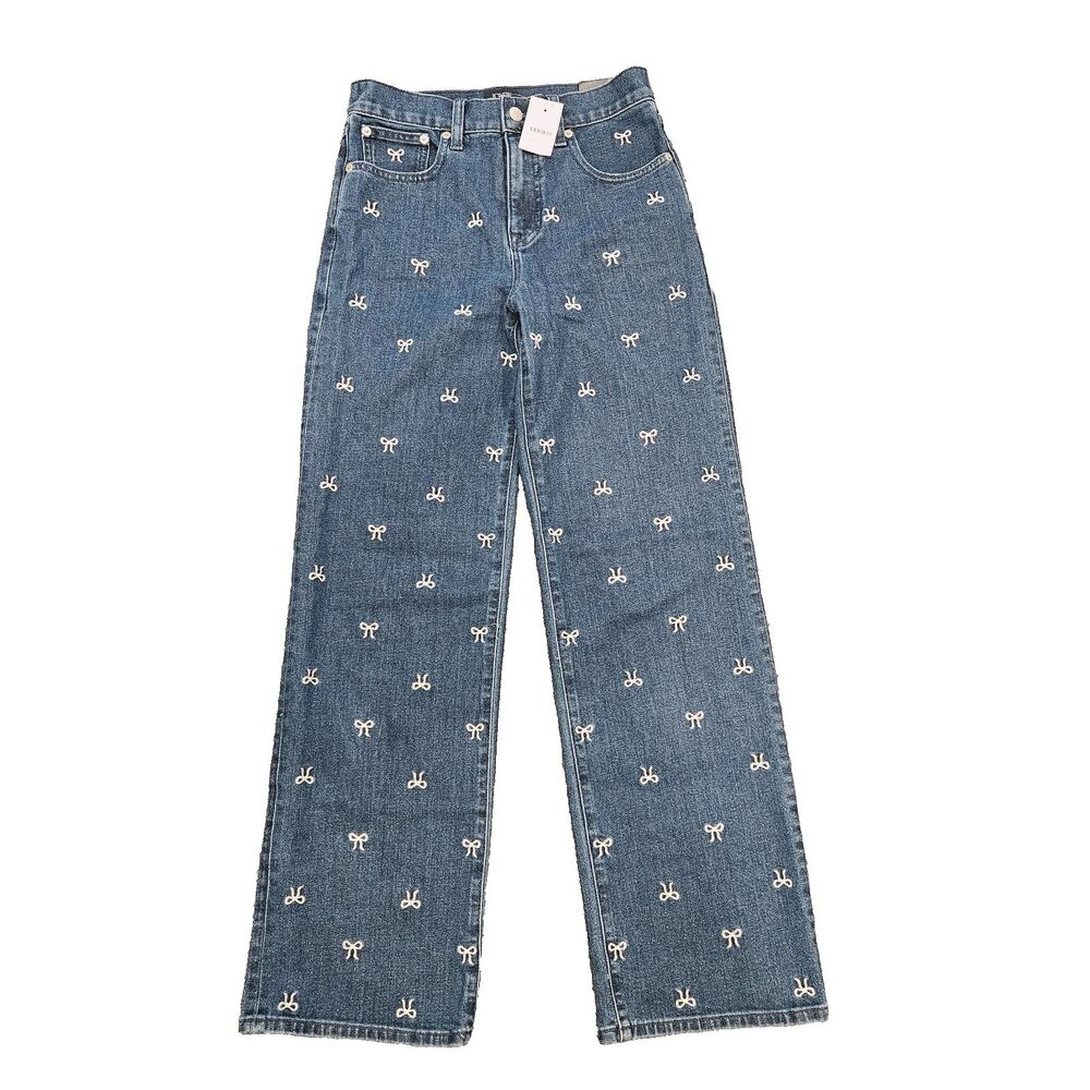 NWT J. Crew Jeans Wide Leg Women’s Size 25 Blue Bow-Embroidered Slim Stretch